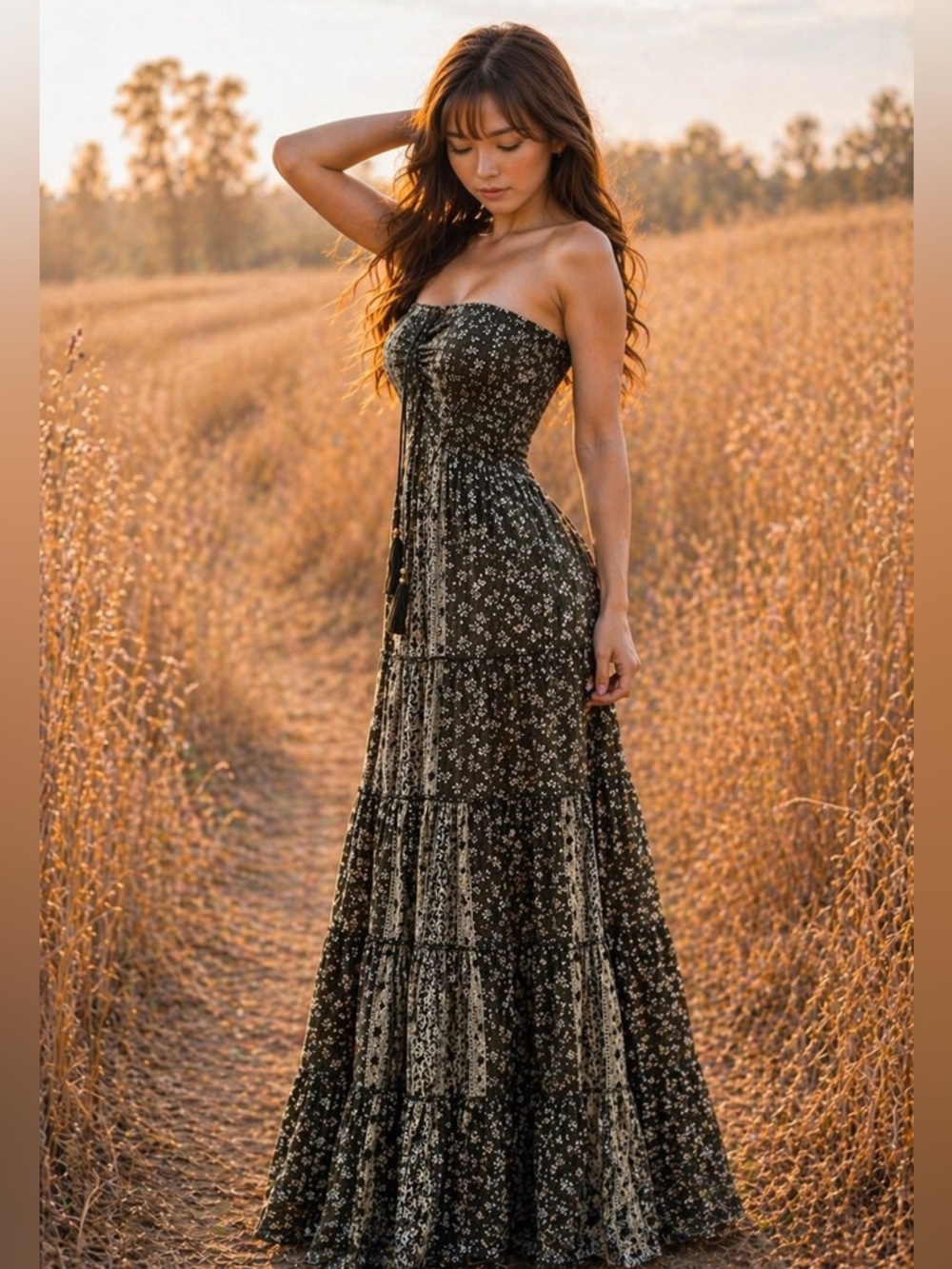 Meadow Whispers + Sunlit Wanderings boho strapless free spirited maxi dress